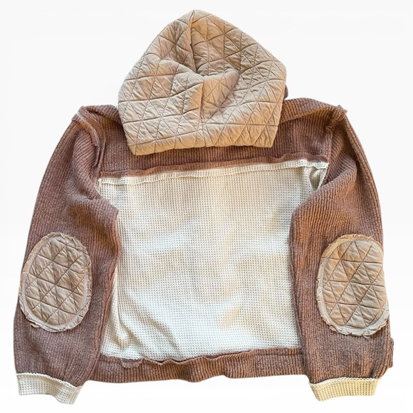 Pol Quilted Pieced Raw Edge Waffle Hooded Jacket S Oversized Brown Tan Cream - Picture 6 of 6